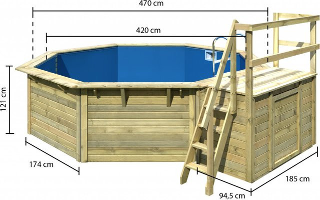Karibu Achteck Pool Set in Grau und Blau mit Sonnenterrasse, Filteranlage und Skimmer - Bild 1