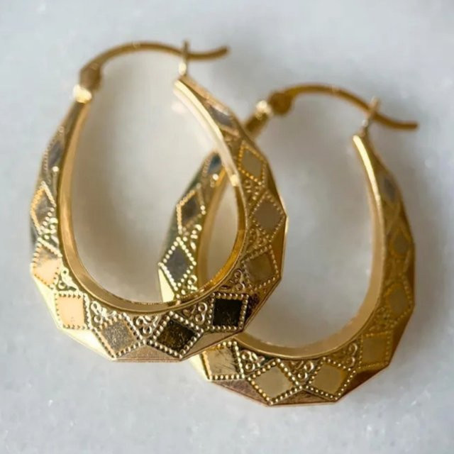 Futz Creolen, Gold, Vintage, oval, handgeschnitzte gemusterte Ohrringe - Bild 1