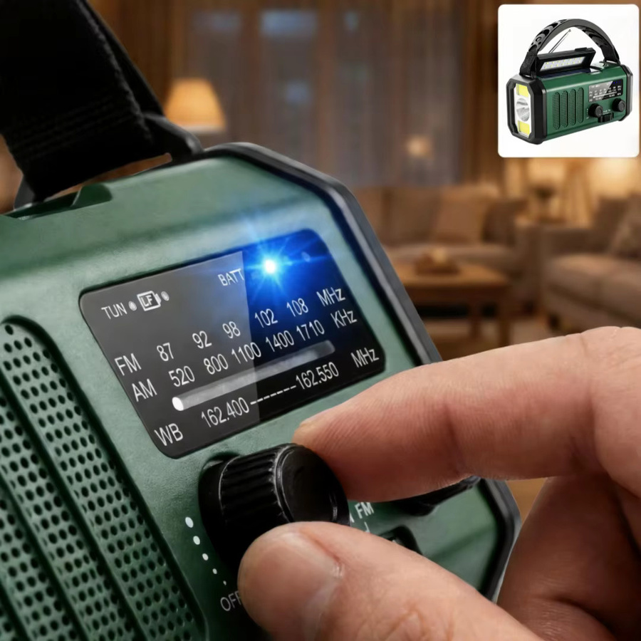 Tragbares Notfallradio in Grün mit Powerbank, Solar, Handkurbel und Taschenlampe für Outdoor und Camping mit FM/AM/WB sowie Kompass - Bild 2