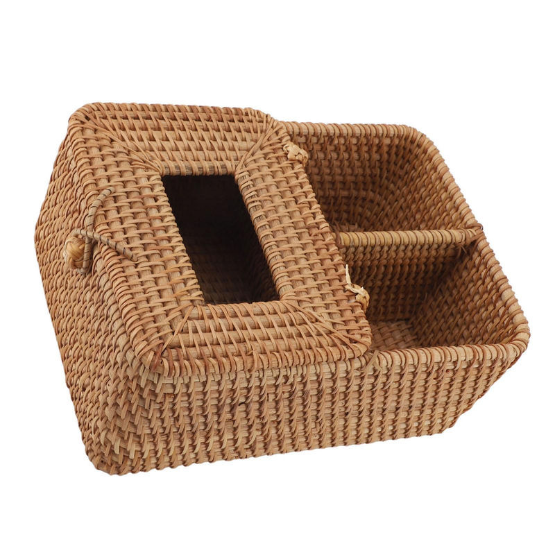 KONNWEI Rattan Taschentuchbox quadratisch in Braun mit 2 Fächern und Deckling für Fernbedienungen im Bohemian Stil - Bild 2