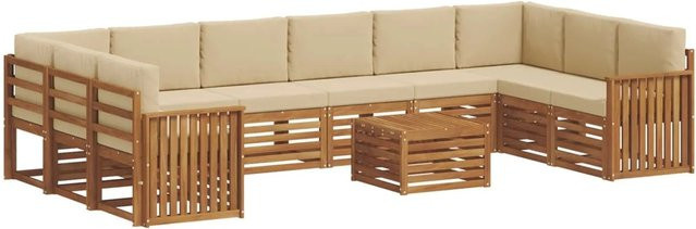 vidaXL Sofagarnitur aus Massivholz Akazie in Natur und Beige, 11-teiliges L-Shape Set mit wetterfesten Polstern und Latten-Design - Bild 1