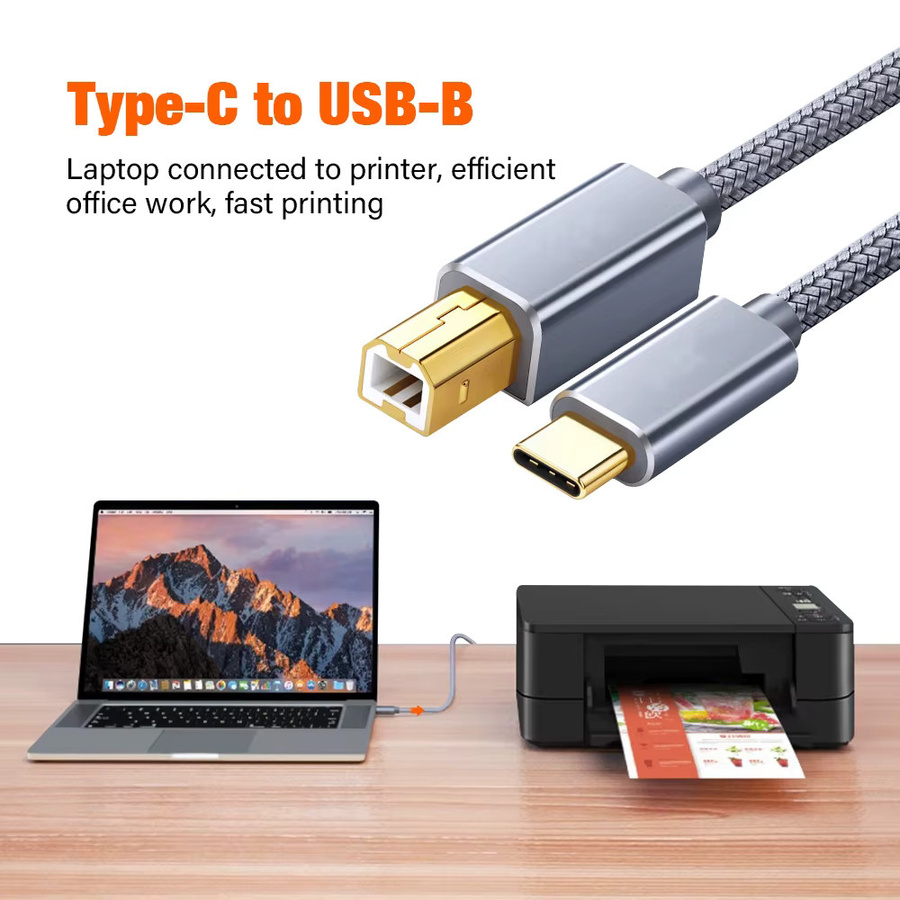 Nephy USB C auf USB B 2.0 Druckerkabel in Grau, 3m geflochtenes Kabel für Drucker und Scanner - Bild 2