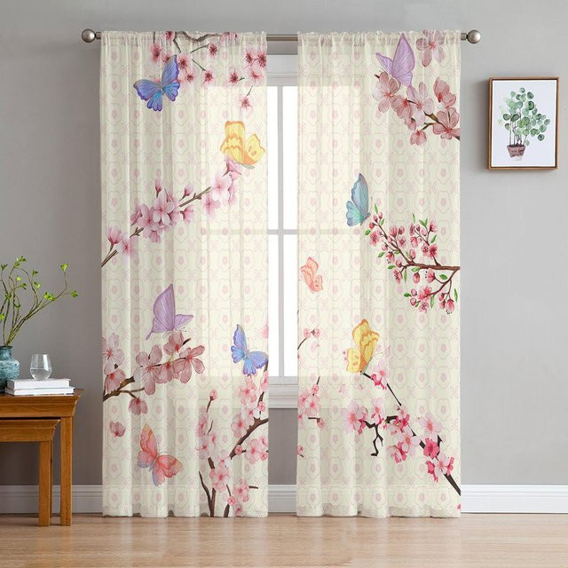 A Family Of Home Textiles Transparentes Voile Fenster Vorhang mit Schmetterling Kirschblüte und Pflaume, B: 135 cm, H: 114 cm - Bild 1