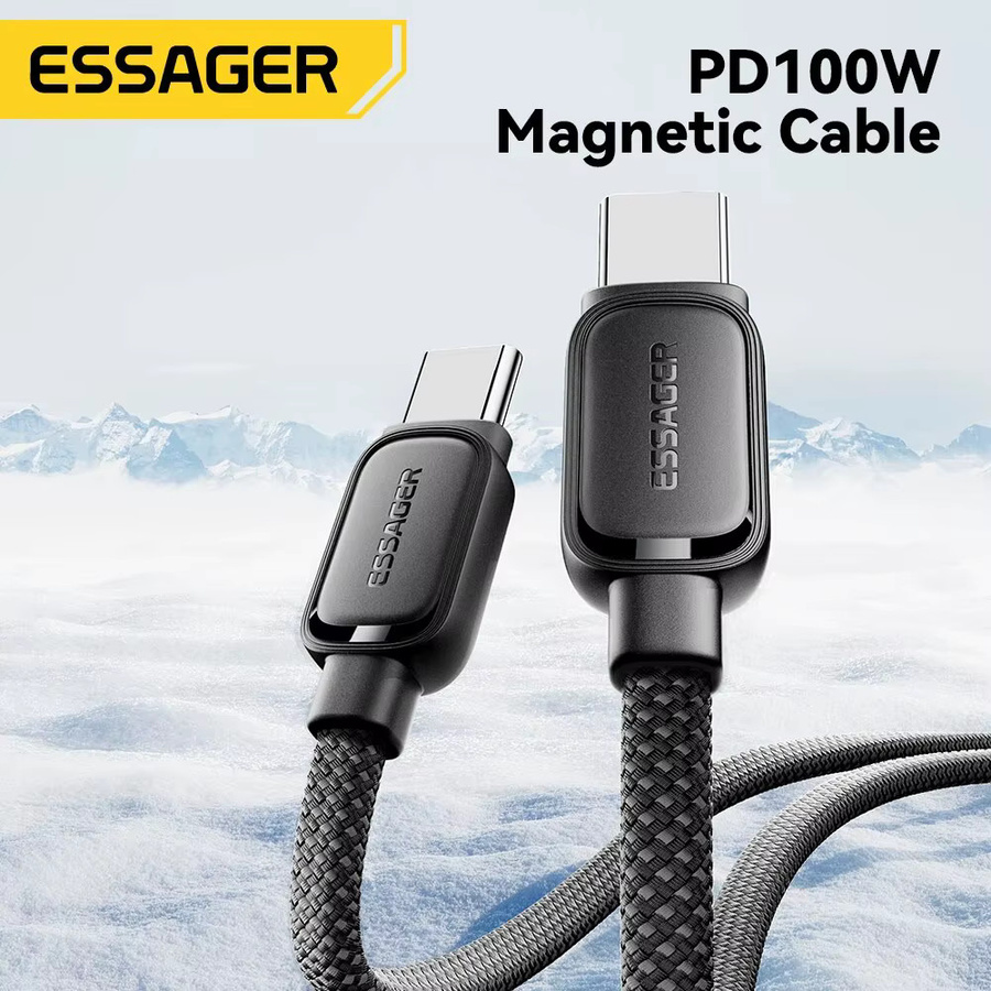 Essager USB-C zu USB-C Schnellladekabel mit magnetischer Absaugung gegen Kabelsalat, 100W PD, Schwarz - Bild 2
