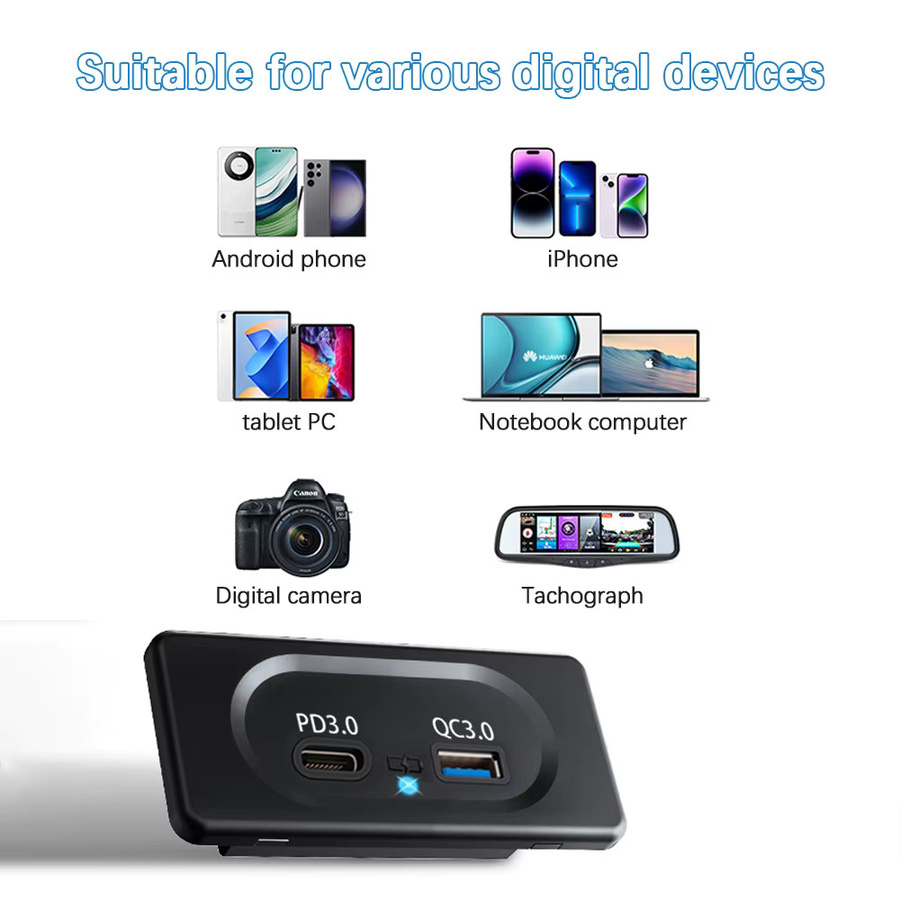 Dual USB Ladegerät Steckdose mit PD3.0 Typ-C Port und LED-Licht, 12/24V Schnellladepanel mit Wandhalterung, Schwarz - Bild 5