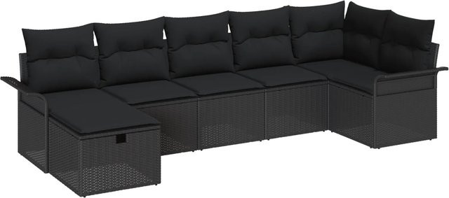 vidaXL Garten-Sofa-Set aus Polyrattan in Schwarz, 7-teiliges Outdoor-Sitzmöbel-Set mit Kissen und Ottoman in U-Form - Bild 1