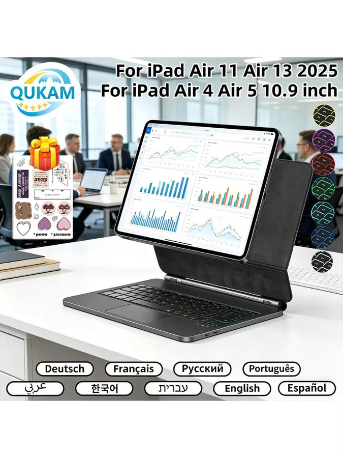 qukam Premium Tastaturhülle für iPad mit kabellosem Trackpad und Hintergrundbeleuchtung, Magnetische Abdeckung für iPad Air und Pro, erhältlich in Schwarz oder Weiß - Bild 7