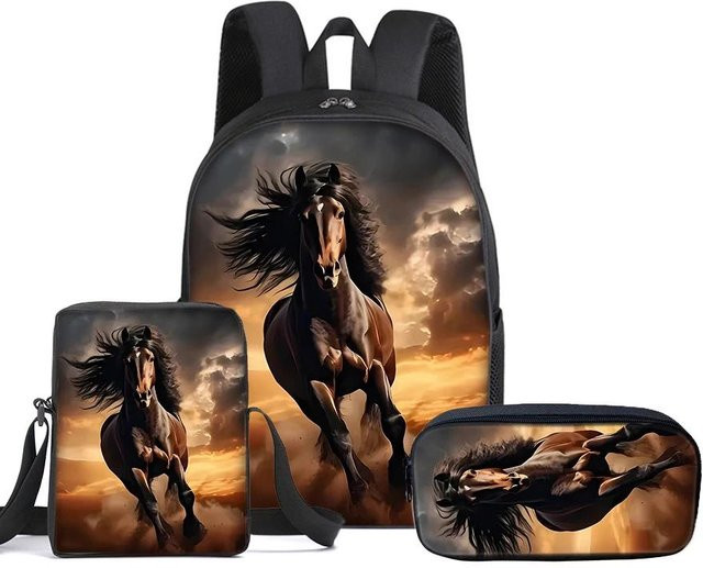 VINKA 3er Set Schultaschen mit Umhängetasche und Federmäppchen im Pferd-Design für Jungen und Mädchen, Mehrfarbig - Bild 1