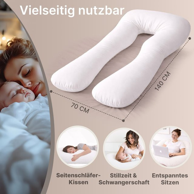 ELONEO Seitenschläferkissen XXL in U-Form als Stillkissen und Schwangerschaftskissen, Weiß - Bild 1