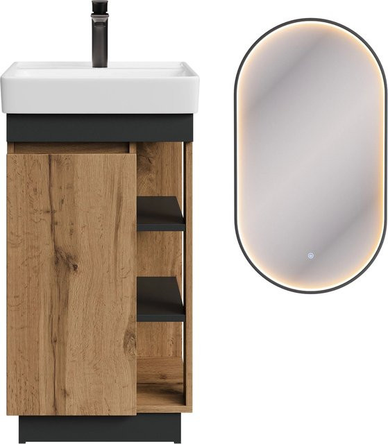 Planetmöbel Badmöbel Set NYX in Wotan Eiche Anthrazit mit Waschbecken, LED Spiegel GLORA und Armatur Matt Schwarz, Breite: 50 cm - Bild 1
