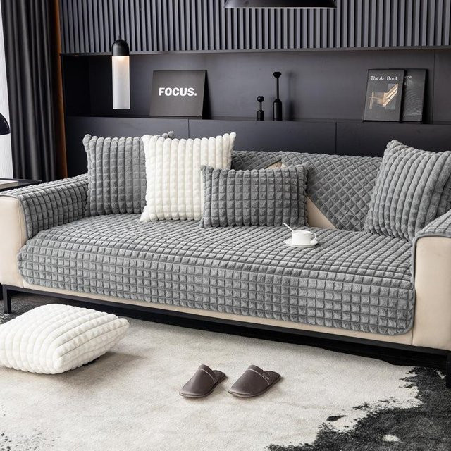 Rutschfester Sofabezug aus Plüsch in Grau mit Karomuster, universelles Sofakissen für das Wohnzimmer, B/B: 70 x 70 cm - Bild 1