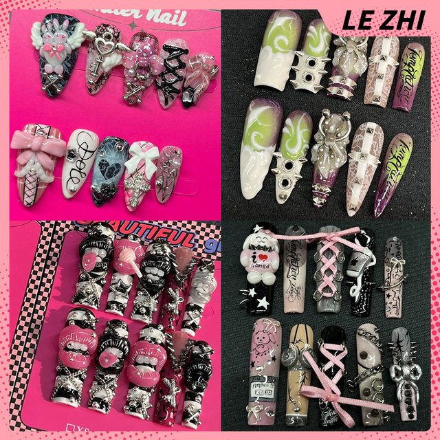 keeppley Press-on Nails, 10 Stück, Sarg Stiletto, Metall Nieten, Diamant, Bowknot - Bild 1