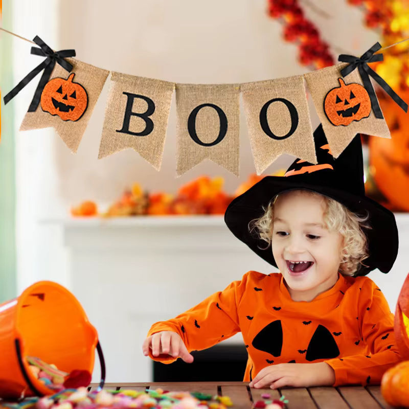ZQNYCY Halloween Girlande aus Jute mit Kürbis-Wimpeln in Beige für rustikale Partydekoration - Bild 5