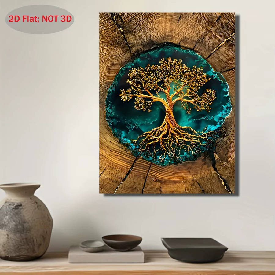 CIFBUY 2D-Wanddekoration mit blauen Bäumen und goldenen Wurzeln, abstraktes Naturmotiv, rahmenlos, B: 30,0 cm, H: 50,0 cm, T: 2,0 cm - Bild 2