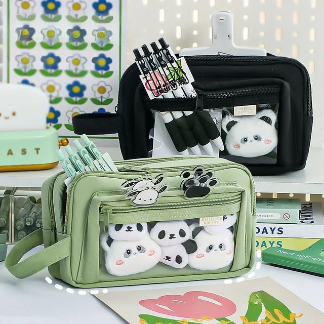 Mehrschichtiges Federmäppchen mit transparentem Vordertaschen-Design in Blau und Grün mit großem Fassungsvermögen für die Schule - Bild 1