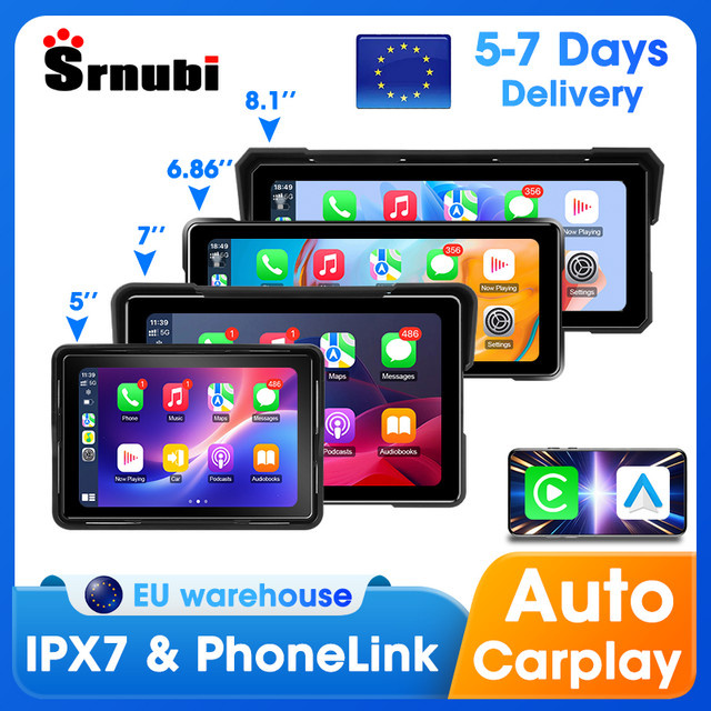 Srnubi Motorrad Dashboard Bildschirm mit Carplay und Android Auto, IP67 wasserdichte digitale GPS Navigation, Schwarz - Bild 1
