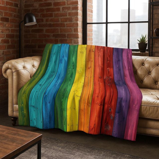 YangJOJO Flanell Decke Regenbogen Retro Holzbrett Design in Schwarzbraun, weiche Überwurfdecke für Bett und Sofa, B/B: 130 x 150 cm - Bild 1