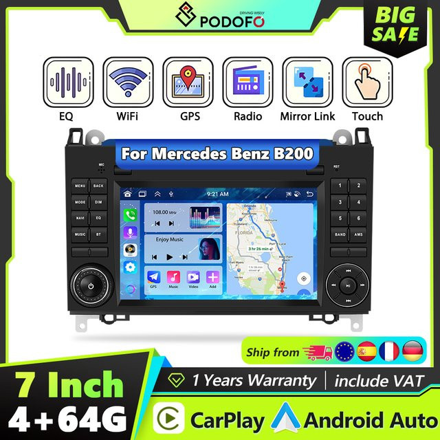 Podofo 2DIN Carplay Autoradio für Mercedes Benz B200 Sprinter A-Klasse mit 64G Speicher, GPS, Android Auto, WIFI und Mirror Link in Schwarz - Bild 1