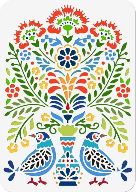 Wiederverwendbare Volkskunst-Blumenschablone aus Kunststoff mit Blumen- und Vogel-Motiven für DIY-Malprojekte, Breite: 29,7 cm, Höhe: 21,1 cm - Bild 1