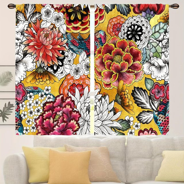 2er-Set Yiran Furniture Boho Vorhänge mit floralem Muster, bunt, halbtransparent, Polyester, B: 50 cm, H: 100 cm - Bild 1
