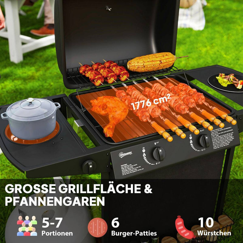 Outsunny Gasgrill mit 3 Brennern und Seitenkocher, BBQ Gartengrill mit 2 Heizzonen, Thermometer und Seitenablagen, B/H/L: 54 x 96 x 107 cm - Bild 4