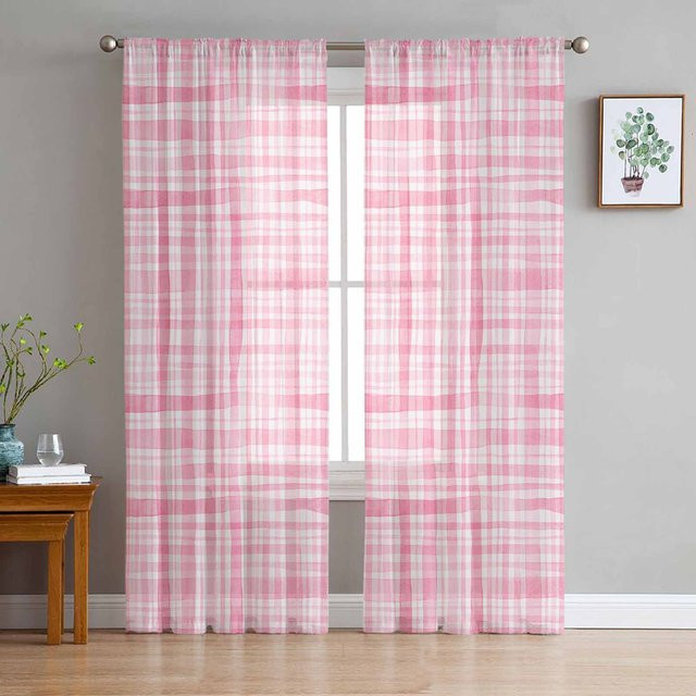 Super Six Aquarell Fenstervorhang Kariert Rosa Chiffon Transparent B: 135 cm, H: 183 cm - Bild 1