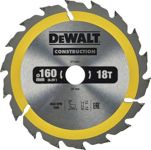 DeWalt Kreissägeblatt für Handkreissägen, Durchmesser: 160 mm, Bohrung: 20 mm, Farbe: Silber - Bild 1