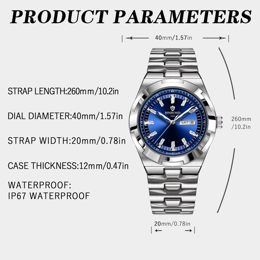 BINBOND Armbanduhr Quarz, Edelstahl, Blau, Herren - Bild 2