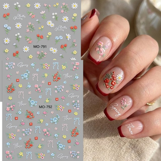 QIANJIKU Nagelaufkleber, Ölgemälde-Stil Gartenblumen, Beige, Glänzend, 2 Stück - Bild 1