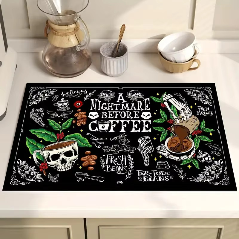 VIKAMA Tischschutzmatte aus Silikon mit Totenkopf-Kaffeemuster in Schwarz, rutschfest und saugfähig - Bild 2