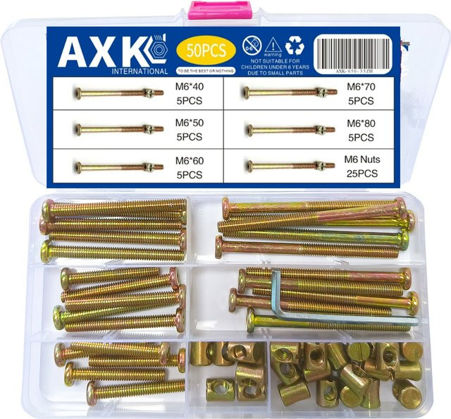 Ersatz-Schraubenset für Babybett und Krippe, 25-teiliges Set aus verzinkten Zylinderschrauben mit Sechskantantrieb, Farbe Gold, M6 mit Längen von 40 mm, 50 mm, 60 mm, 70 mm und 80 mm - Bild 1