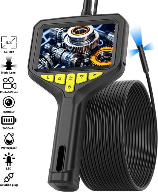 ILIHOME Handheld Endoskop mit 4,3 Zoll IPS Bildschirm, 2,0 MP Autofokus Kamera und wasserdichter Videosonde in Schwarz - Bild 1