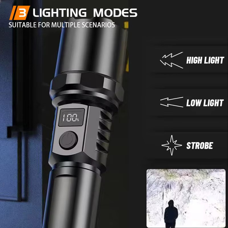 NEWBIRTH LED Taschenlampe mit 10000 Lumen, USB-C aufladbar, Schwarz, Aluminium mit Power Display und Zoom für Outdoor und Camping - Bild 3