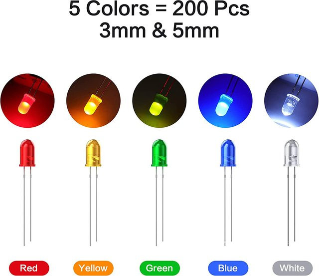 PULAR LED-Dioden Set mit 200 Stück in Rot, Grün, Blau, Gelb, Weiß und Multicolour, 3 mm und 5 mm, klare Leuchtdioden für wissenschaftliche Experimente - Bild 1