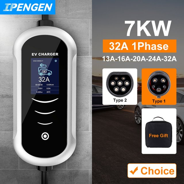IPENGEN Tragbares EV-Ladegerät Typ2 mit CEE-Stecker und J1772 Adapter, 7KW, 32A, Weiß - Bild 1