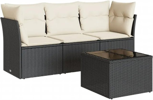 vidaXL 4-tlg Garten-Sofagarnitur in L-Form aus schwarzem PE-Rattan mit Sitzkissen und Gartentisch - Bild 1