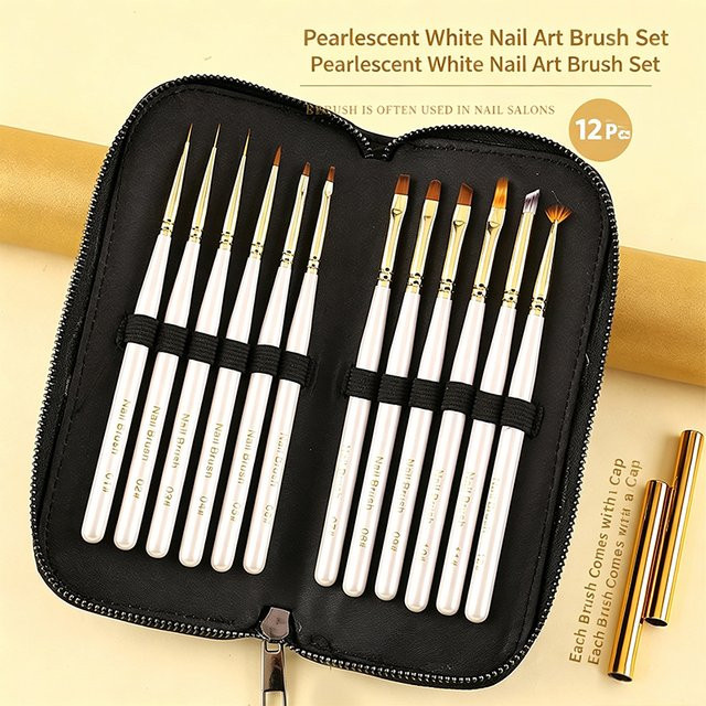 Japanisches Nail-Art Pinselset, 12-teilig, Perlweiß, mit Ledertasche - Bild 1