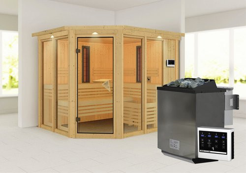 Karibu Sauna aus Holz in Beige, B/H/T: 245 x 202 x 210 cm - Bild 1