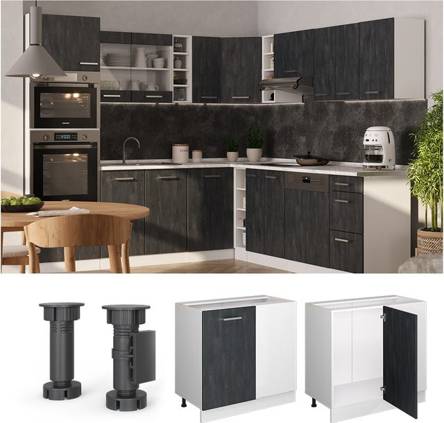Vicco Eckunterschrank R-Line Küchen Eckschrank in Schwarz Beton und Weiß mit Arbeitsplatte in Eiche, Höhe: 86 cm - Bild 3