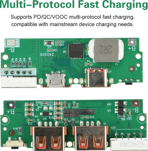 Aideepen DIY Power Bank Motherboard mit PD/QC/VOOC Schnellladefunktion, 2,5 W, grün, für 3,7 V Ternäre Lithium-Batterien mit USB-C Anschluss - Bild 1