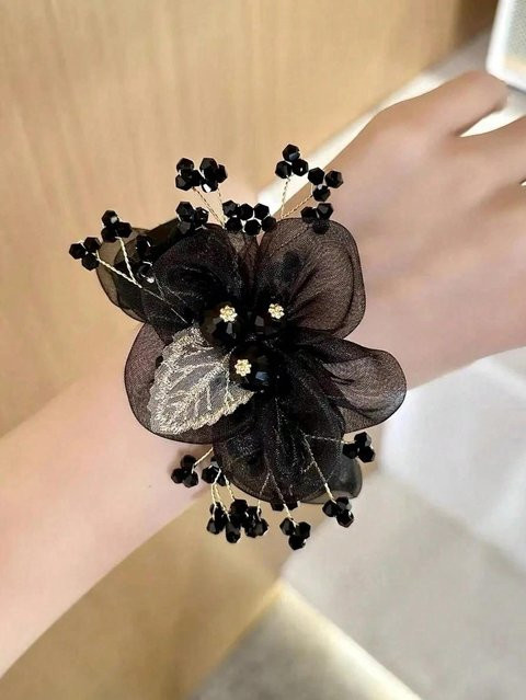 Haargummi Blumen- und Blattdesign, Strasssteine, Damen, black - Bild 1