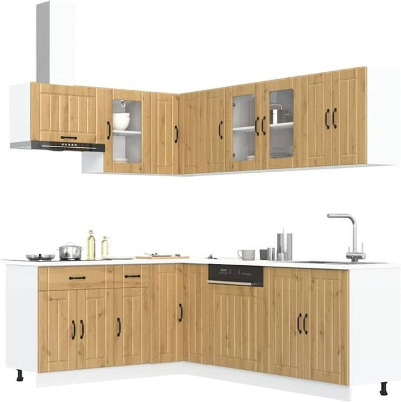 Vidaxl Küchenschrank-Set Lucca im Landhausstil aus Holzwerkstoff und Glas, 11-teilige Küchenzeile in Eiche Natur und Braun - Bild 1
