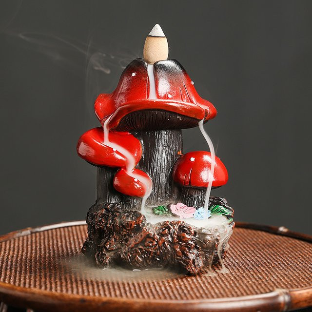 MINIDEAL Harz-Pilz-Wasserfall-Rückfluss-Räuchergefäß mit Blumen und Teich-Design in Rot - Bild 1