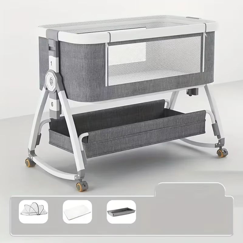 LIUSHADUOLA Babybett in Grau, faltbares und höhenverstellbares Wiegenbett mit Schaukelfunktion und Rollen - Bild 4