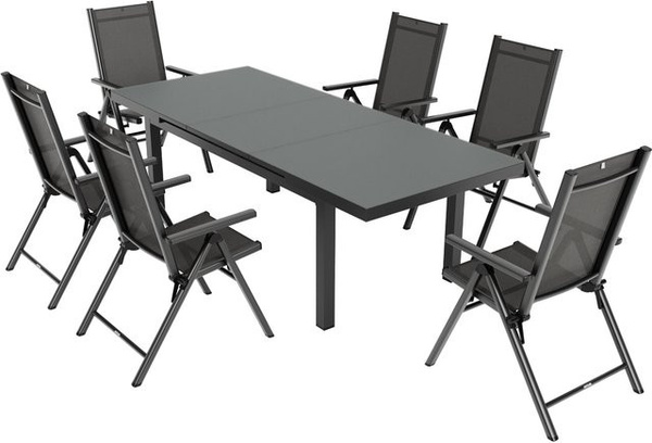 Kettler BasicPlus Pro Garten-Essgruppe für 6 Personen aus Aluminium und Textilene in Anthrazit und Grau mit ausziehbarem Tisch und Sicherheitsglas
