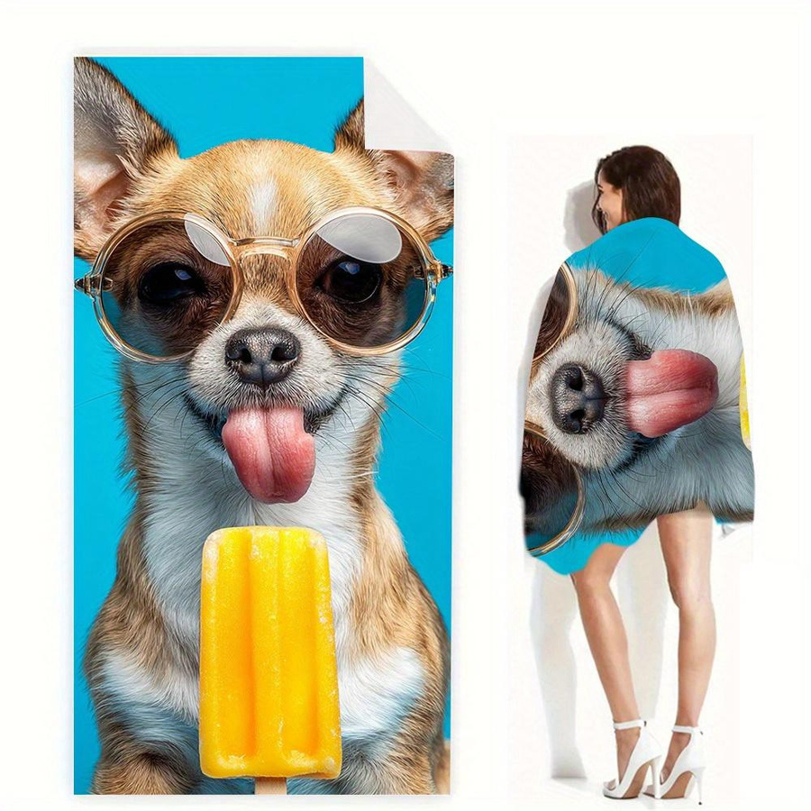 Lustiges Chihuahua-Eis am Stiel Strandtuch aus Mikrofaser, weiches und schnelltrocknendes Badetuch in Weiß, B: 45 cm, H: 90 cm - Bild 3