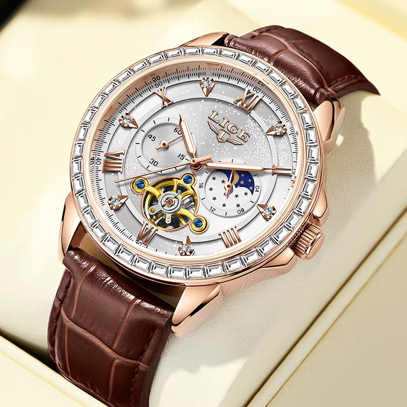 LIGE Armbanduhr Automatik, Leder, Silber, Zirkonia, Herren - Bild 6