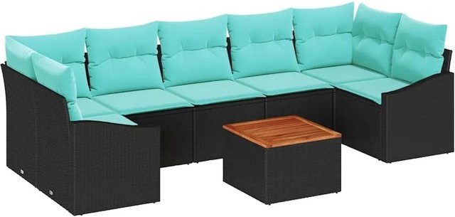 vidaXL Gartensofa-Set 8-teilig in U-Form aus Poly-Rattan und Akazienholz mit Kissen, Schwarz - Bild 1