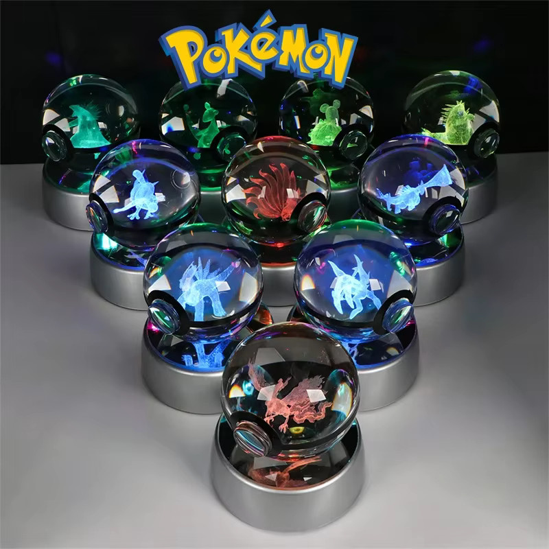 Pokémon 3D Kristall Ball Figur Pokeball Gengar Gyarados Mimikyu Snorlax Rayquaza Sprigatito Modell, mit Led Licht Basis, Puppen - Bild 2