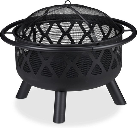 Relaxdays Feuerschale aus Stahl in Schwarz mit Grillrost und Funkenschutz, Höhe: 75 cm, Durchmesser: 58 cm